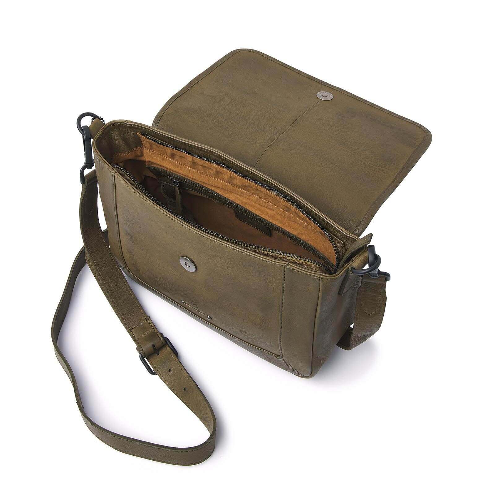 dR Amsterdam leren schoudertas Tampa voor dames 933668 oerwoud groen binnenkant tas