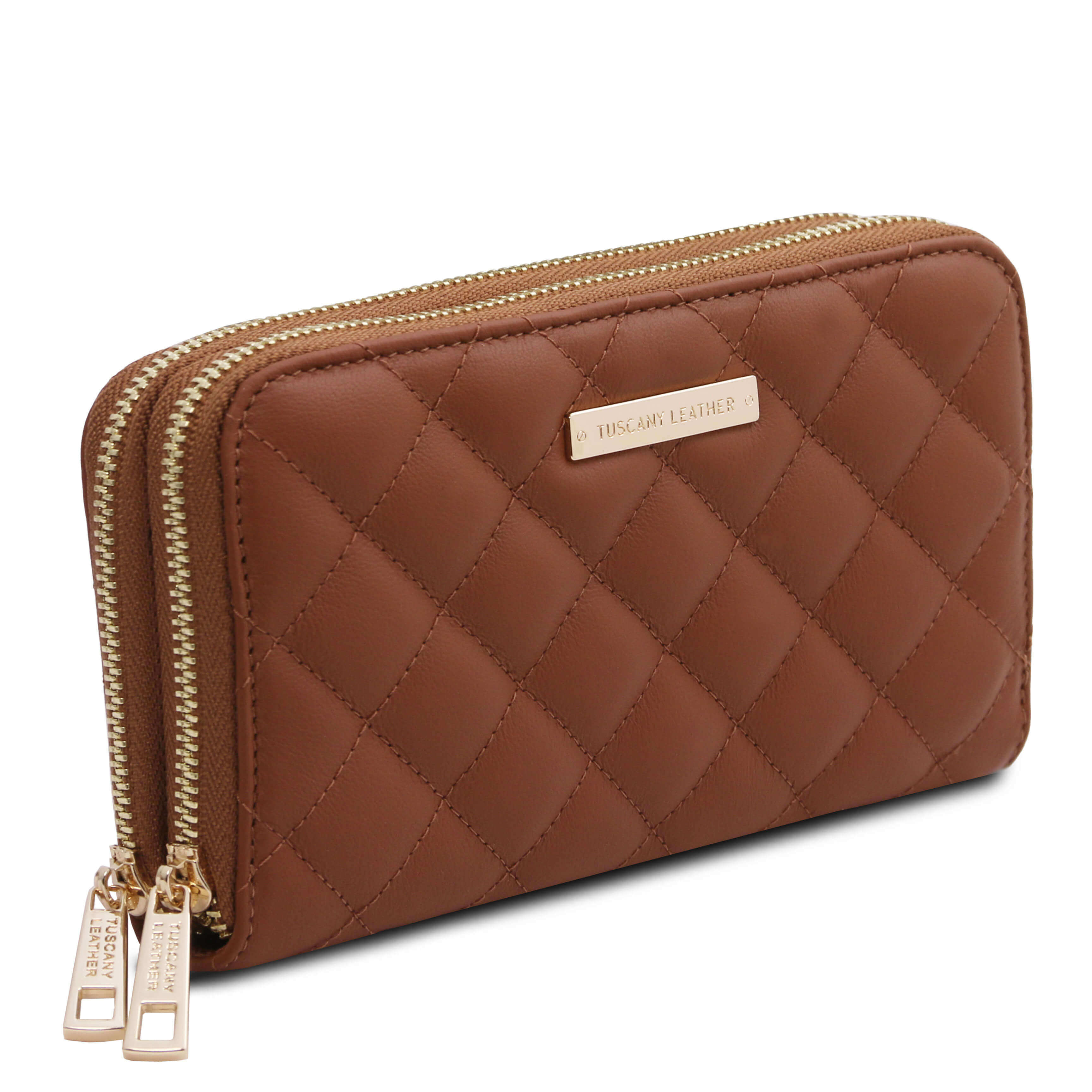 Tuscany Leather exclusieve leren portemonnee Ada voor dames met dubbele ritssluiting tl142349 cognac zijkant envoorkant