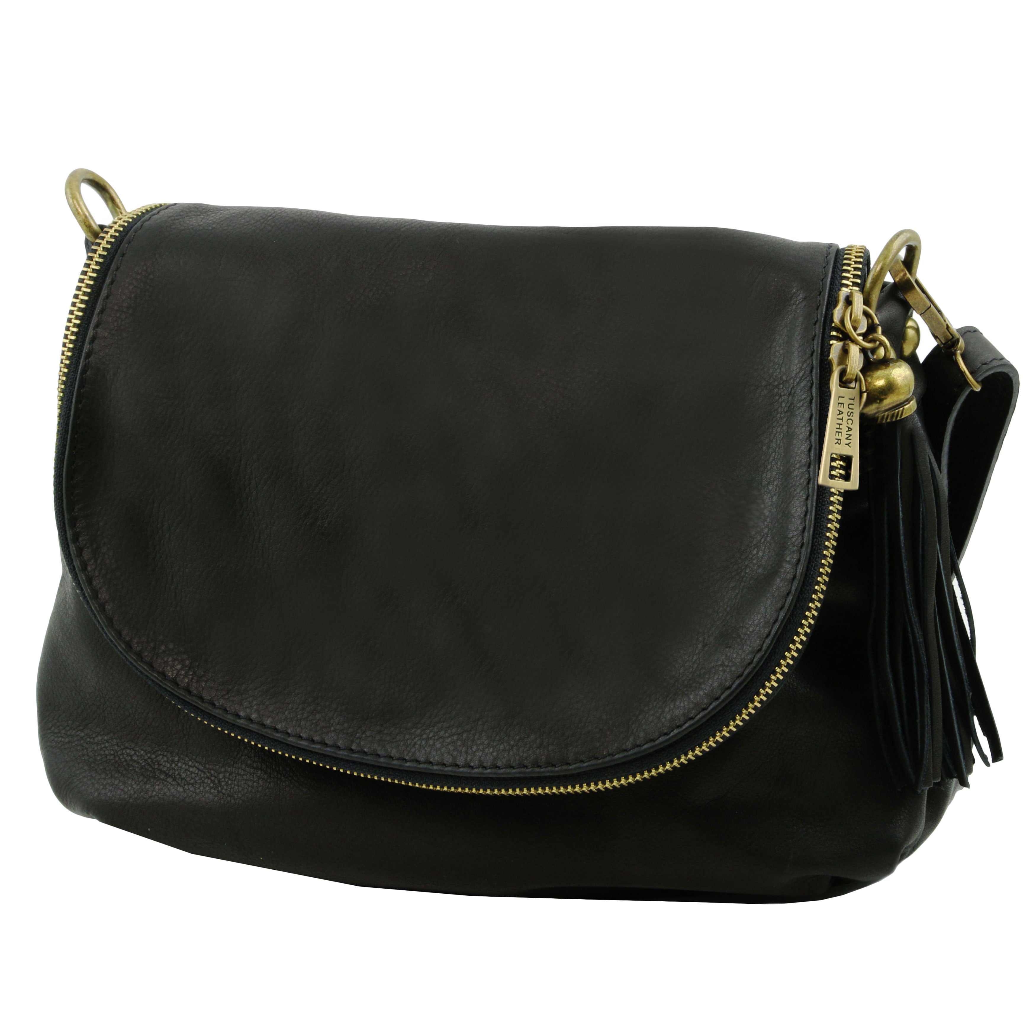 Tuscany Leather TL Bag dames crossbody tas van zacht leer met kwastje zijkant tas zwart