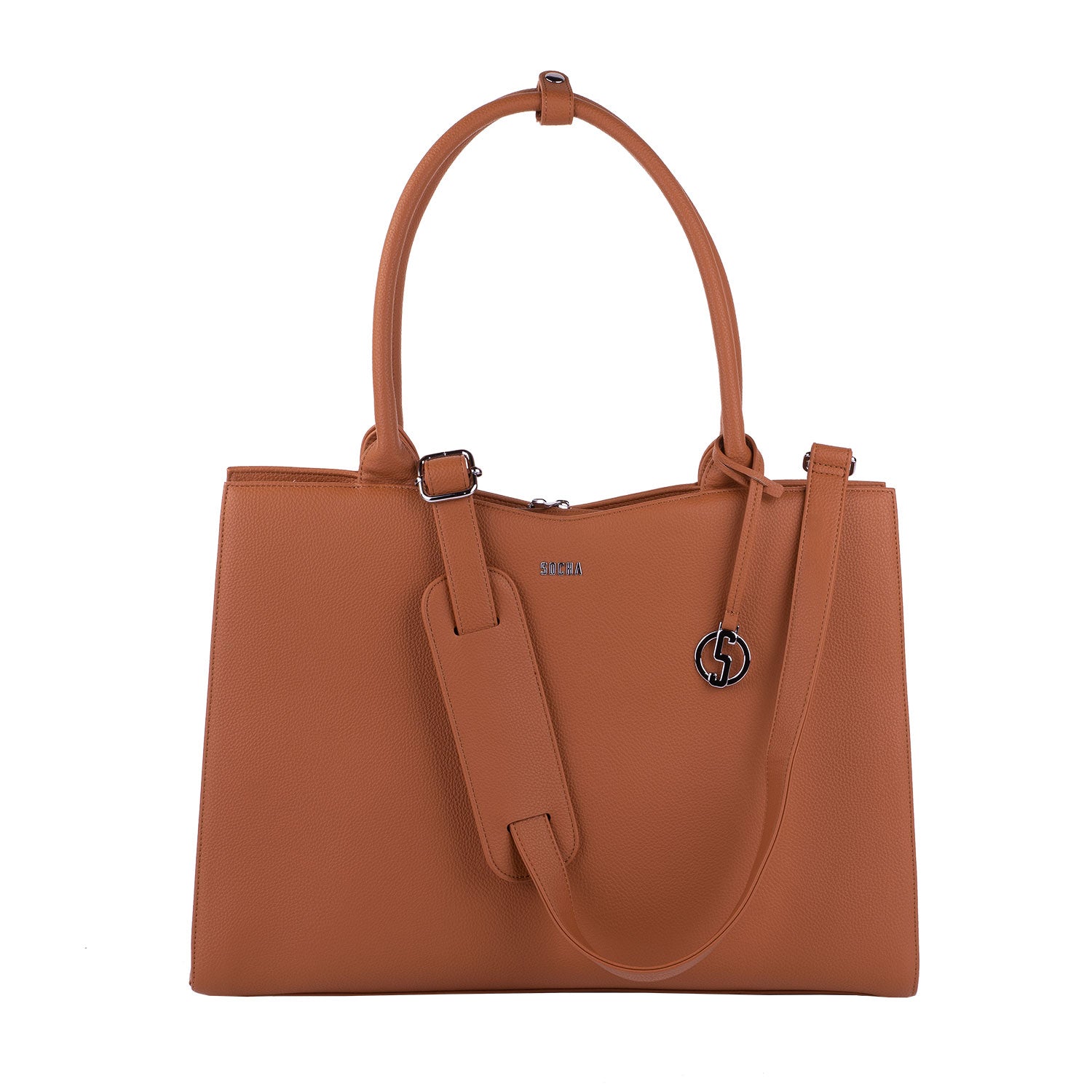 Socha Straight Line Cognac 15.6 inch werktas voor dames voorkant tas met schouderband