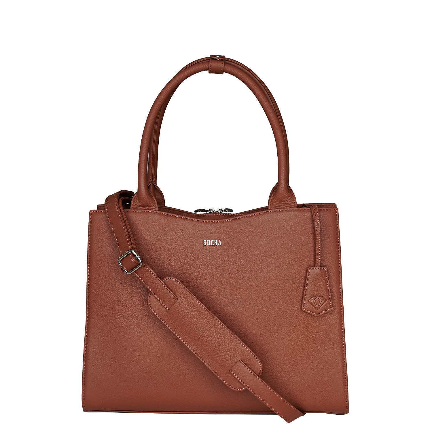 Socha diamond edition cognac 14 inch werktas voor dames voorkant tas met schouderband