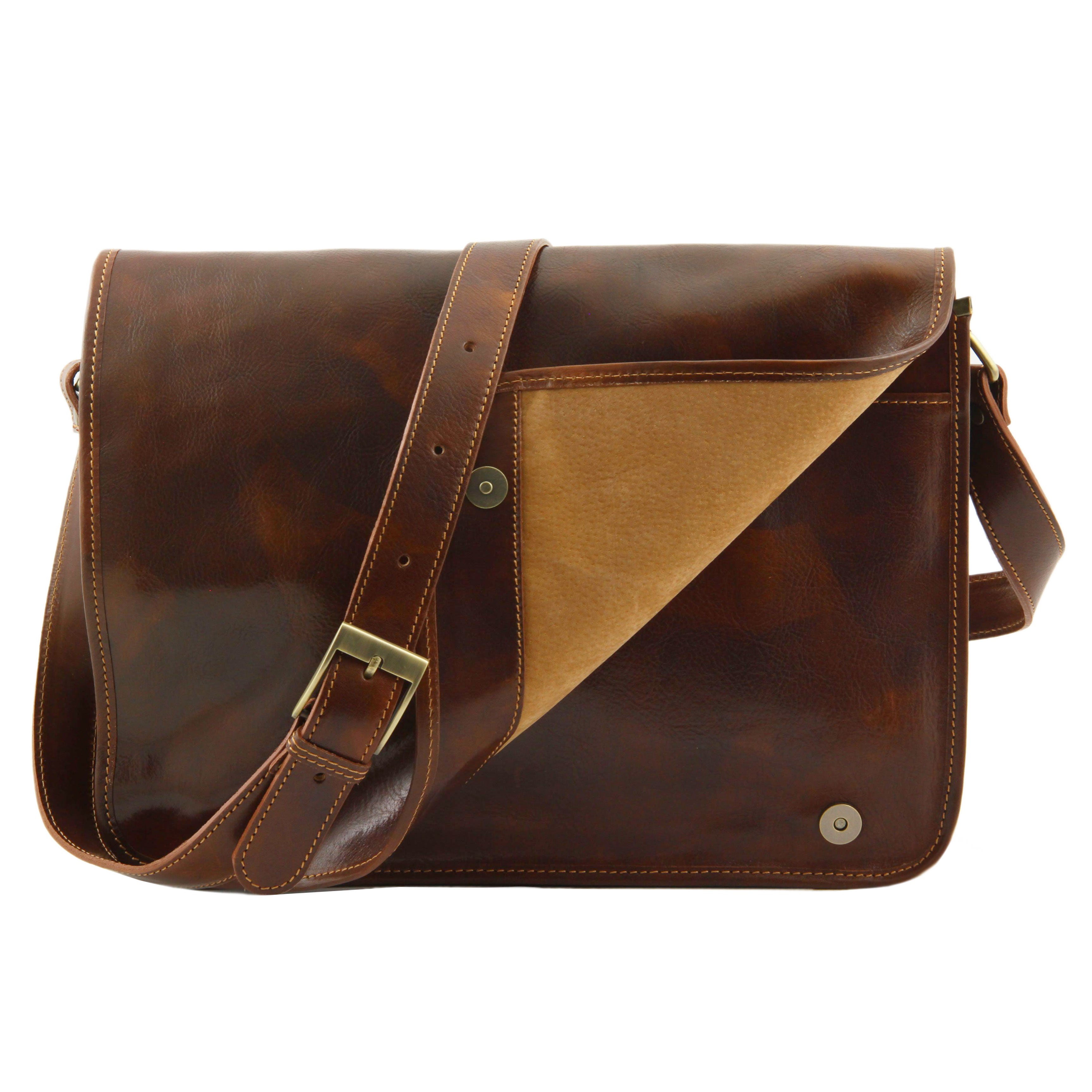 Tuscany Leather messenger bag leer double Freestyle bruin voorkant tas 