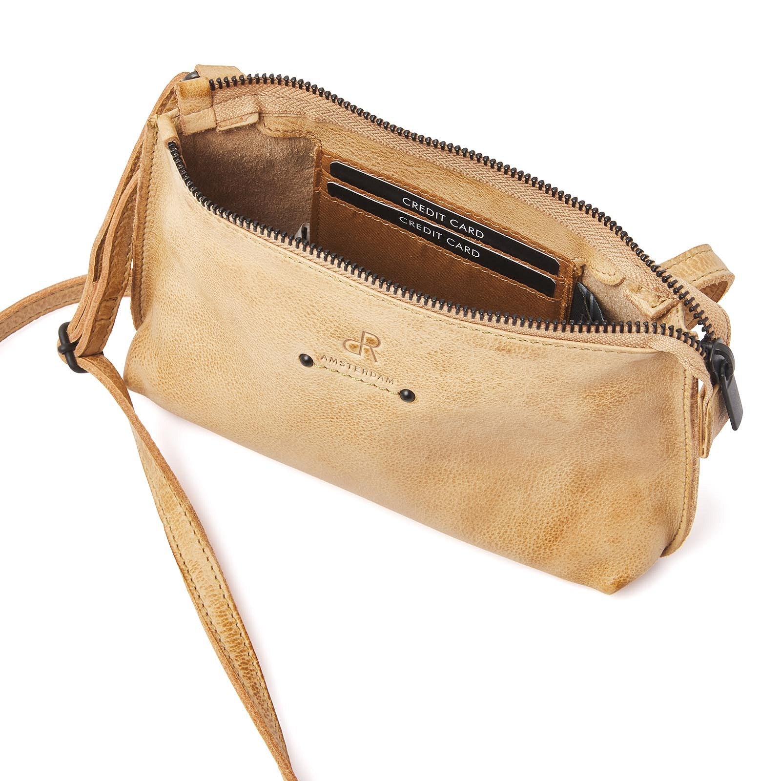 dR Amsterdam crossbody tas leer Tampa beige binnenkant