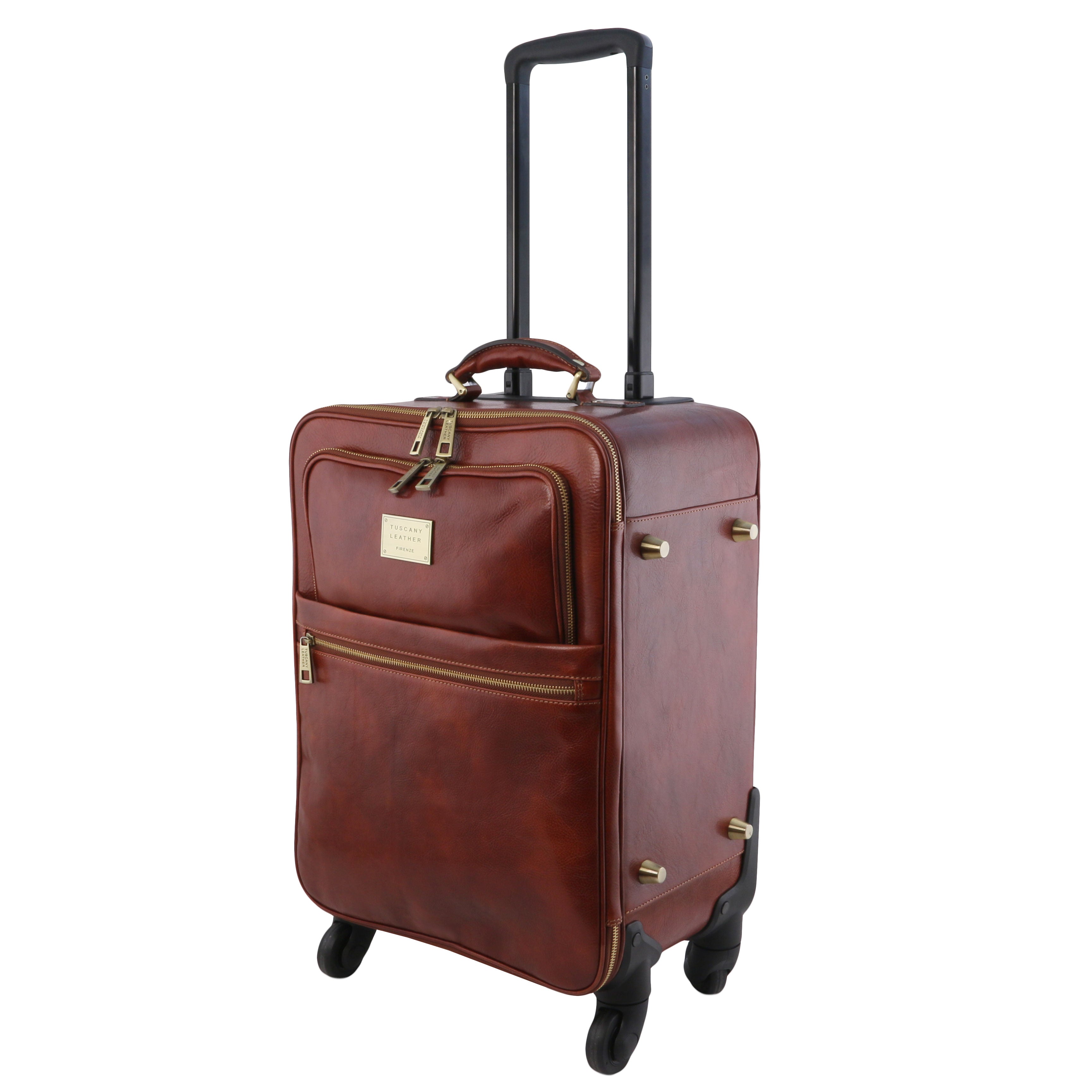 Tuscany Leather TL Voyager verticale leren trolley met 4 wielen zijkant trolley bruin