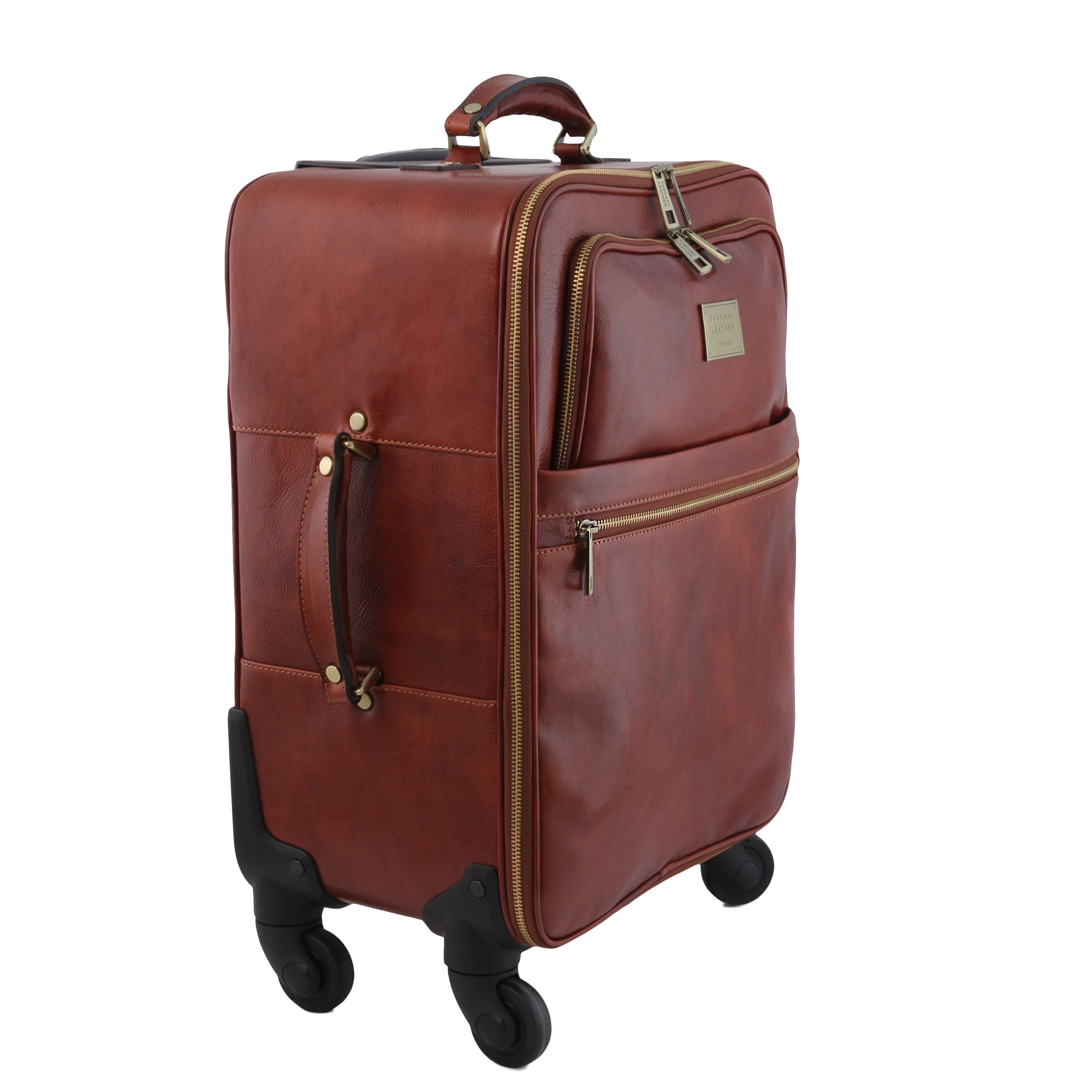 Tuscany Leather TL Voyager verticale leren trolley met 4 wielen rechter zijkant trolley bruin