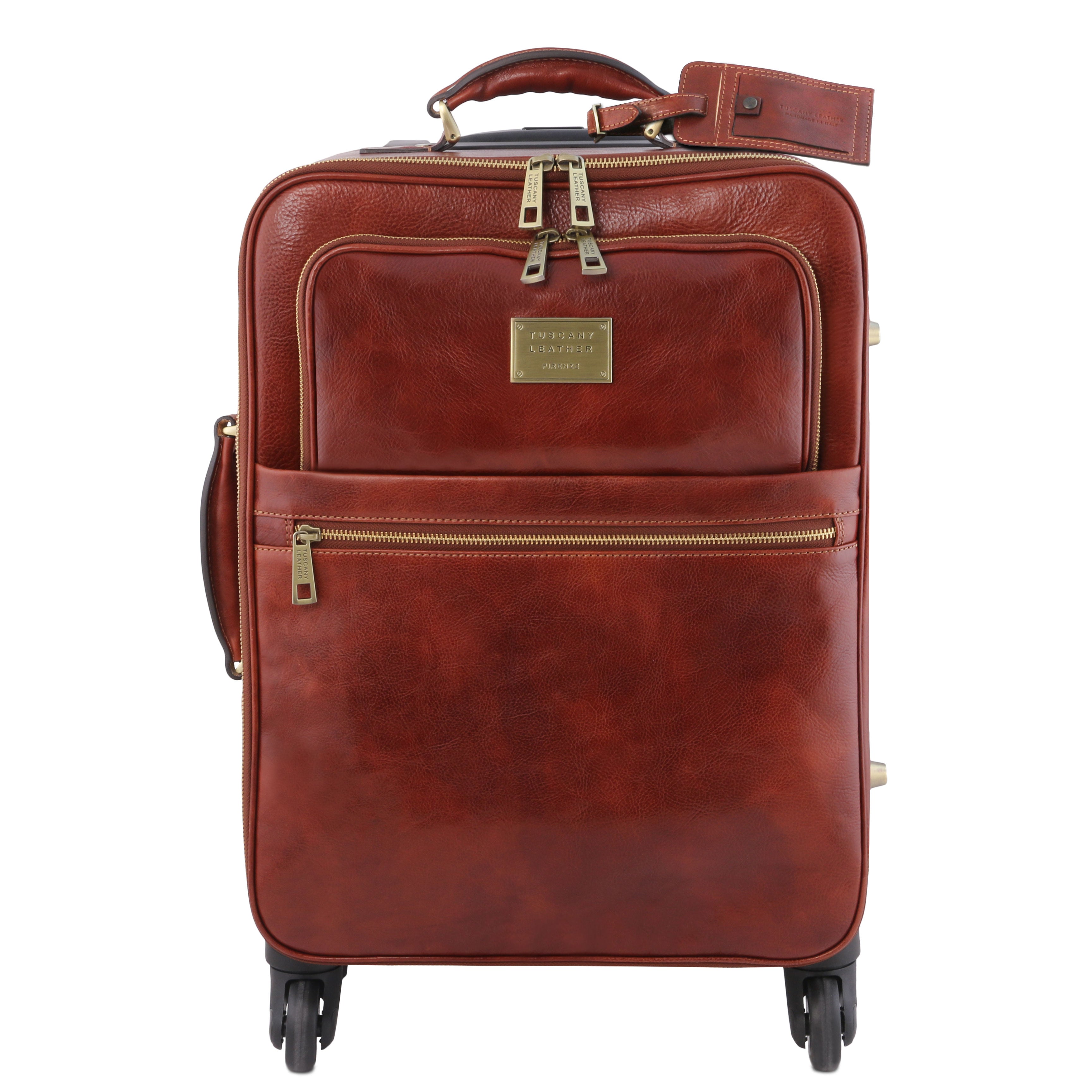 Tuscany Leather TL Voyager verticale leren trolley met 4 wielen voorkant trolley bruin