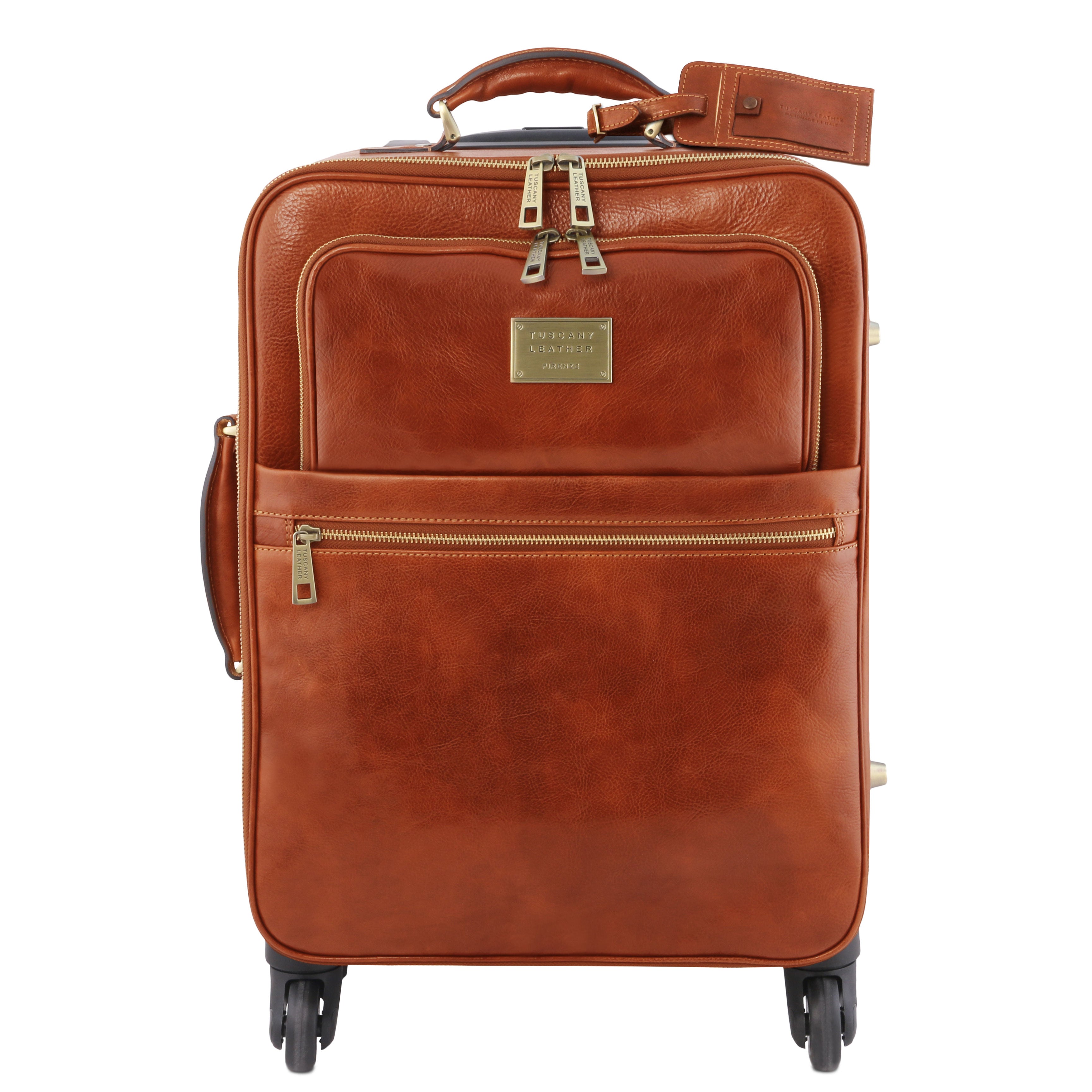 Tuscany Leather TL Voyager verticale leren trolley met 4 wielen voorkant trolley honey