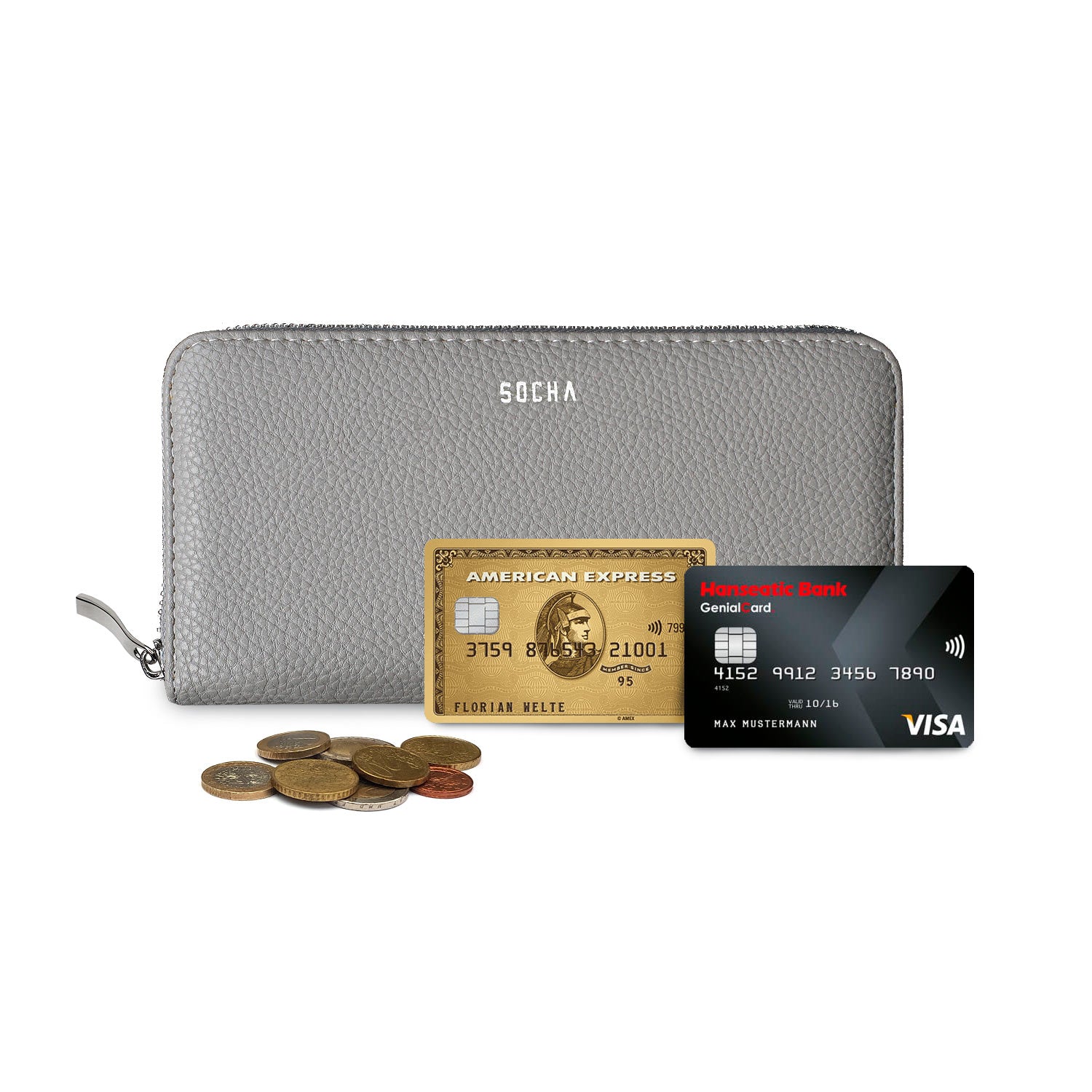 Socha portemonnee grijs voorkant met pasjes