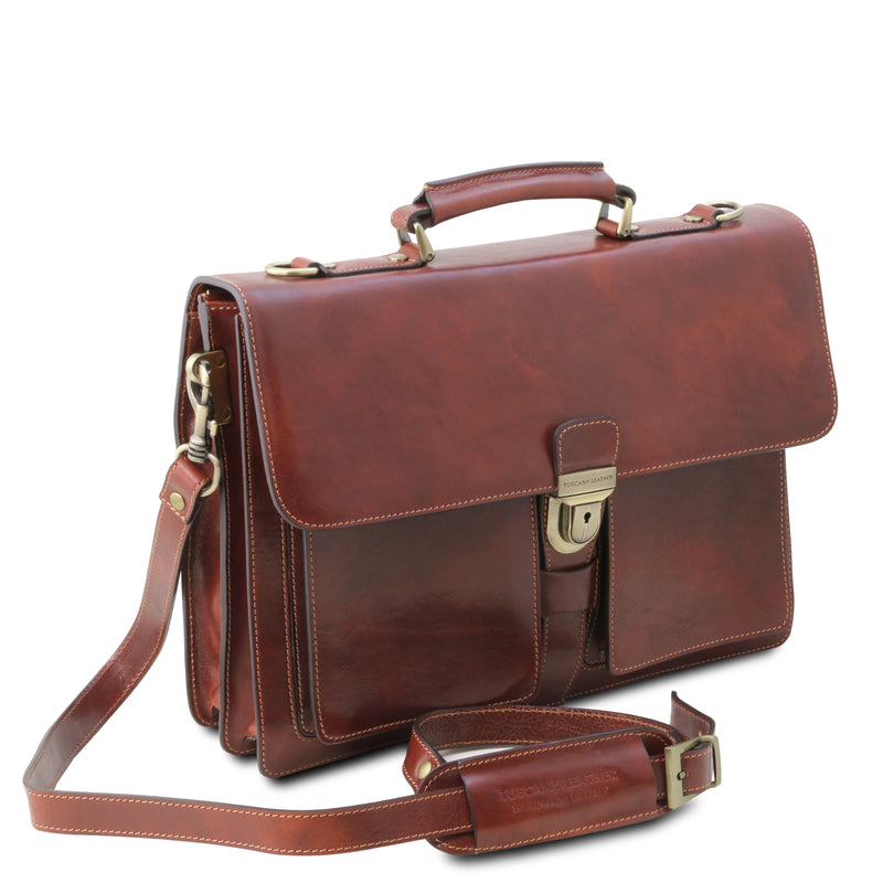 Tuscany Leather Assisi leren aktetas voor heren 3 compartimenten zijkant tas bruin