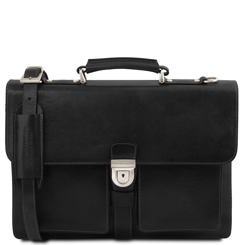 Tuscany Leather Assisi leren aktetas voor heren 3 compartimenten voorkant tas zwart