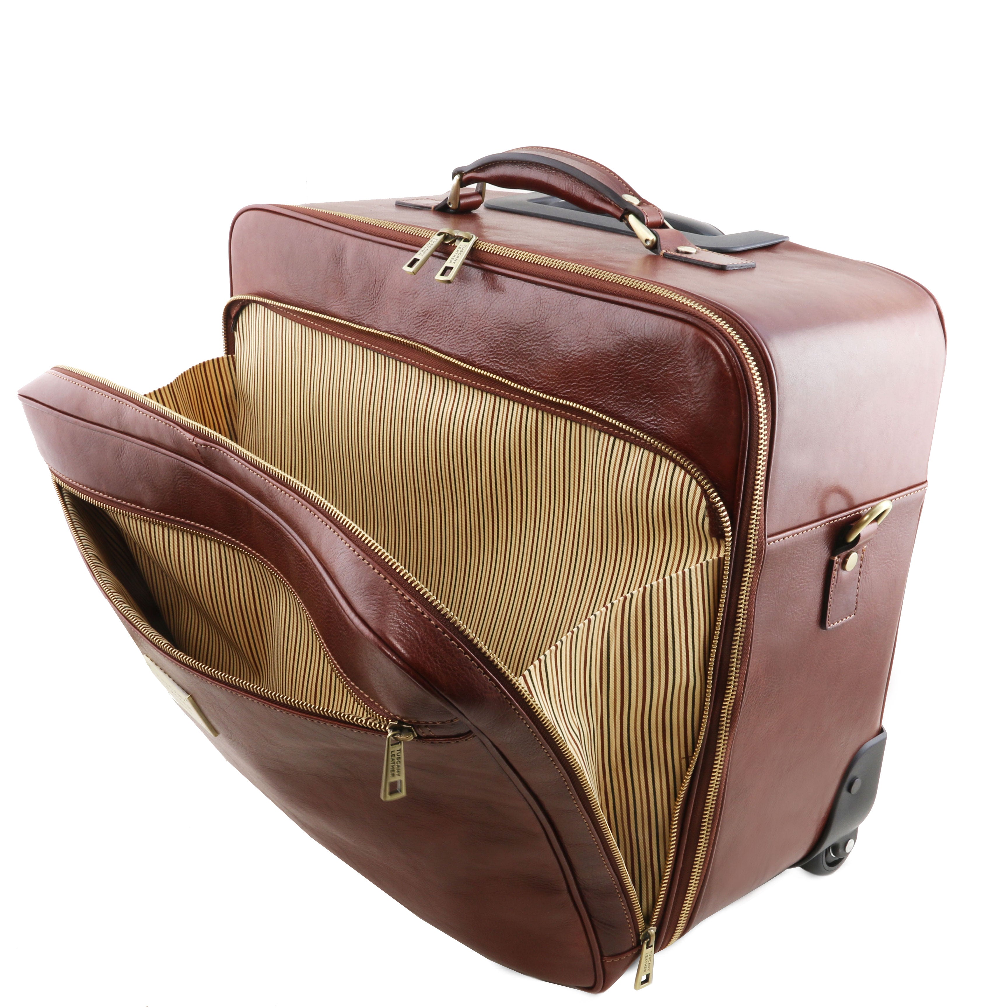 Tuscany Leather Varsavia leren pilotenkoffer met twee wielen voorvakken trolley bruin