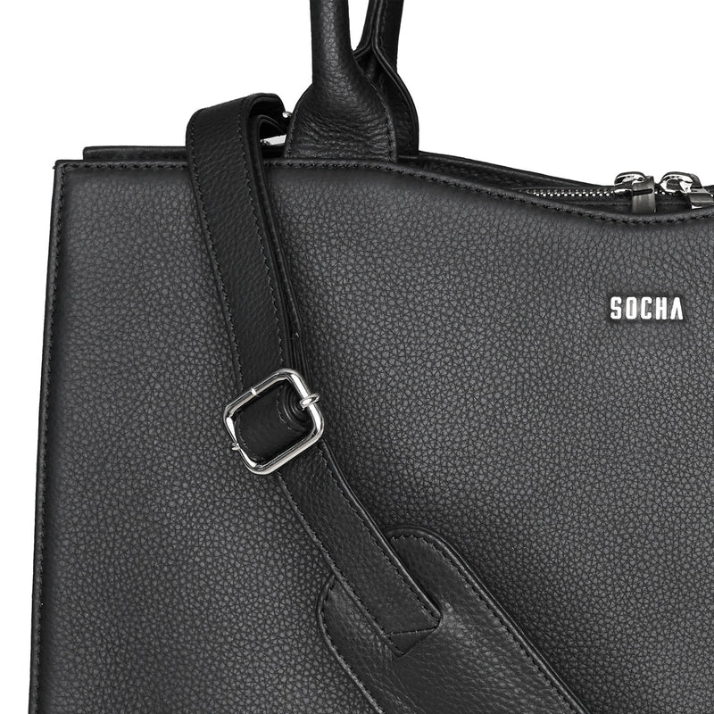 Socha straight line zwarte leren tas 15.6 inch werktas voor dames leer tas