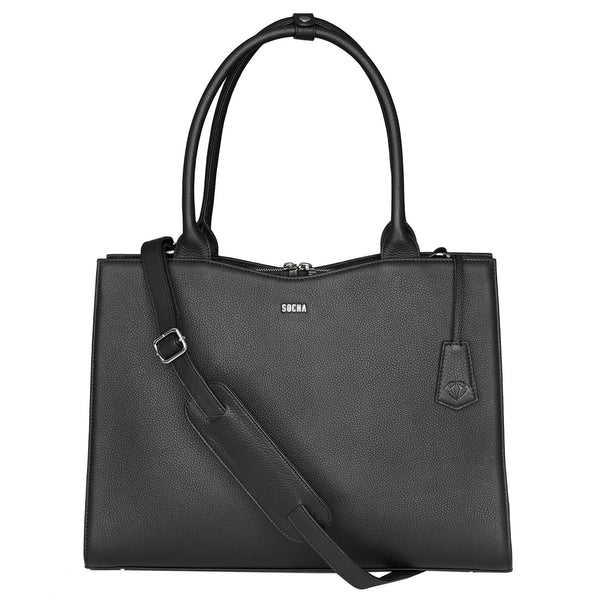 Socha straight line zwarte leren tas 15.6 inch werktas voor dames voorkant van de tas met schouderband