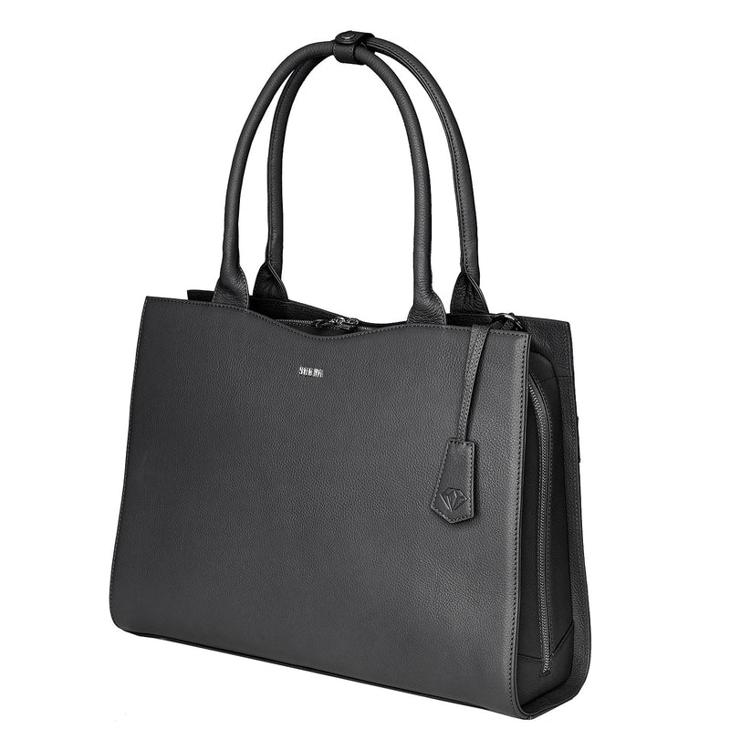 Socha straight line zwarte leren tas 15.6 inch werktas voor dames voorkant en zijkant tas