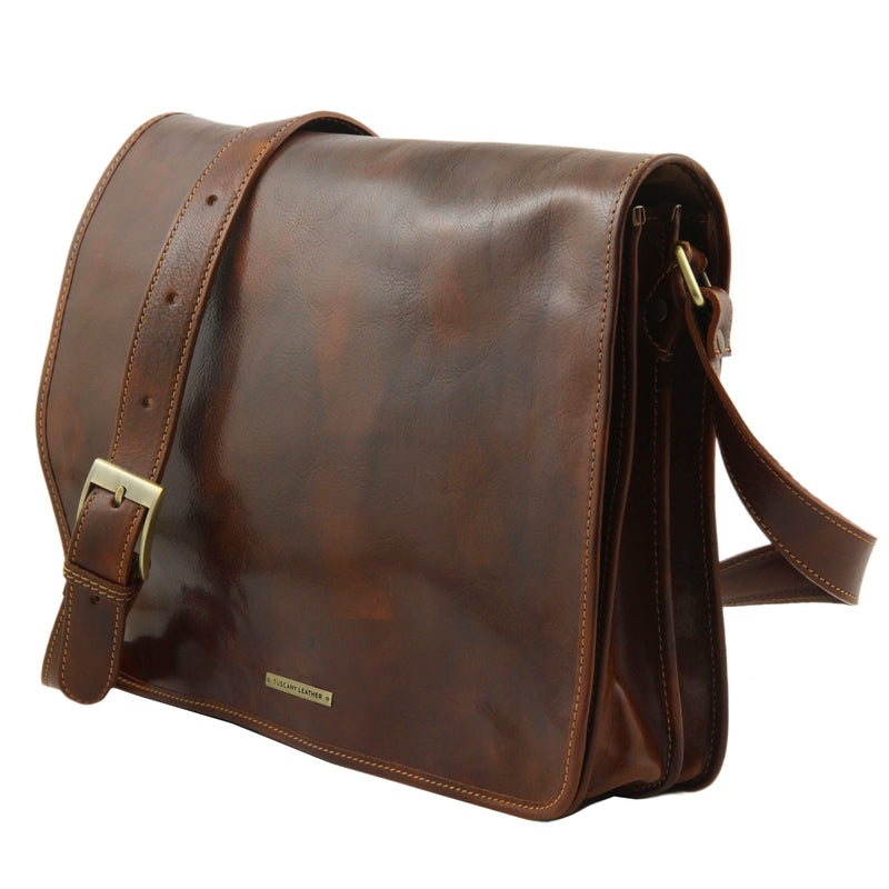 Tuscany Leather messenger bag leer double Freestyle bruin zijkant