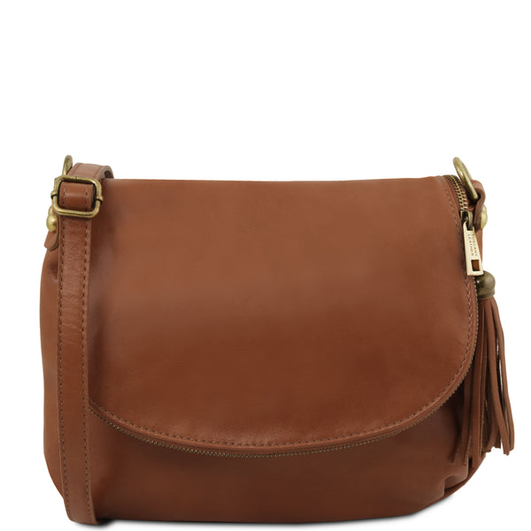 Tuscany Leather TL Bag dames crossbody tas van zacht leer met kwastje voorkant tas kaneelbruin