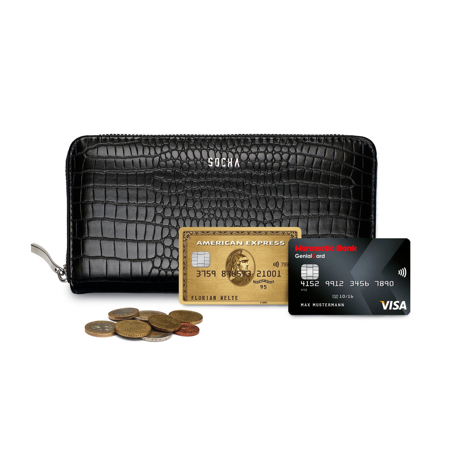 Socha portemonnee croco zwart voorkant met pasjes